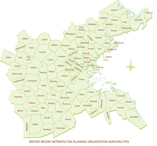 BOSTON REGION METROPOLITAN PLANNING ORGANIZATION MUNICIPALITIES
This image is a map of the 97 municipalities that comprise the Boston Region MPO area.